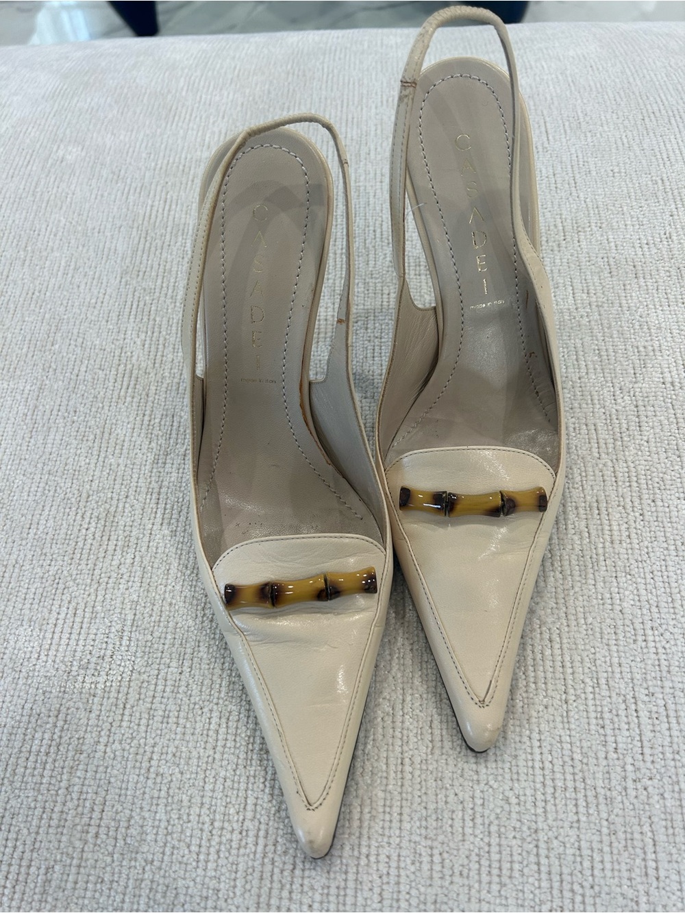 Casadei Cream Patent Leather Slingback Pumps with Tortoiseshell Accent